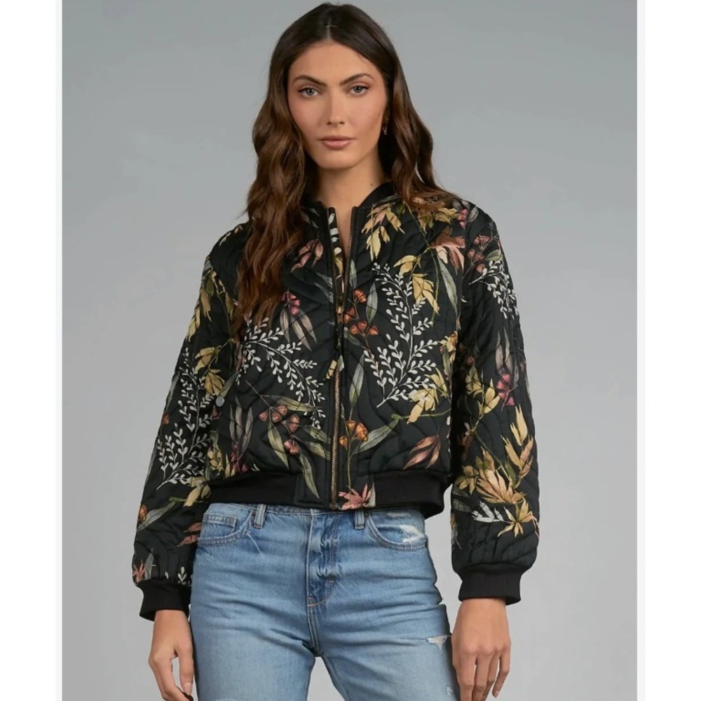 Elan Womens Floral Quilted Bomber Jacket Black Botanical Print Zip Up Large